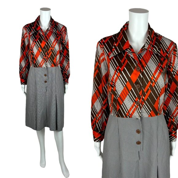 Vintage 70s Shirtdress Women's Large Secretary Striped Houndstooth 2 Piece Look - Picture 1 of 10